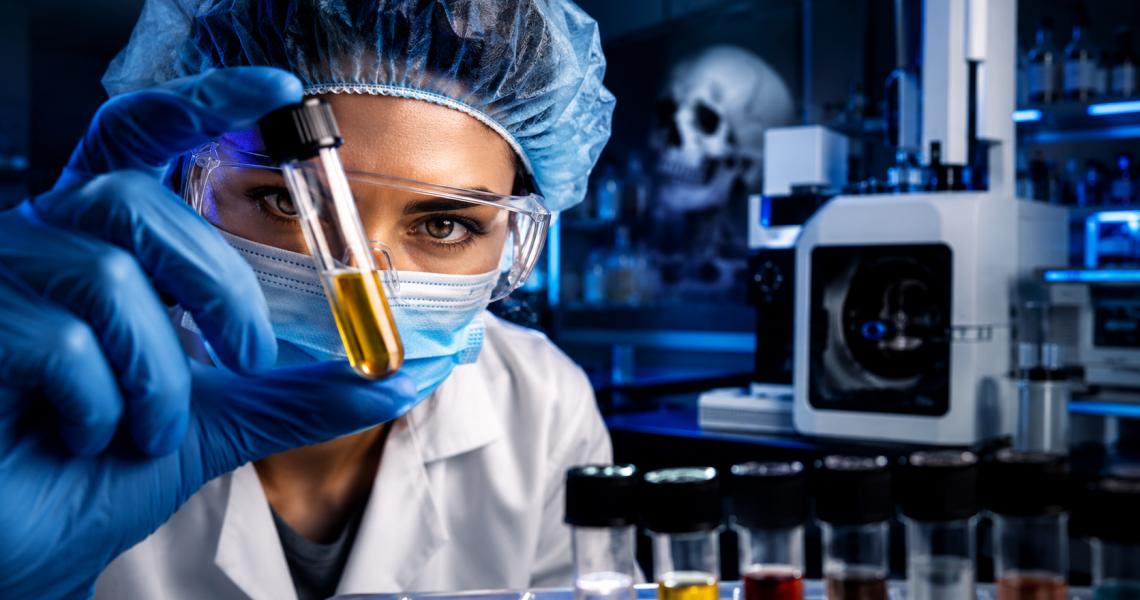 Laboratório de análises toxicológicas com amostras e equipamentos