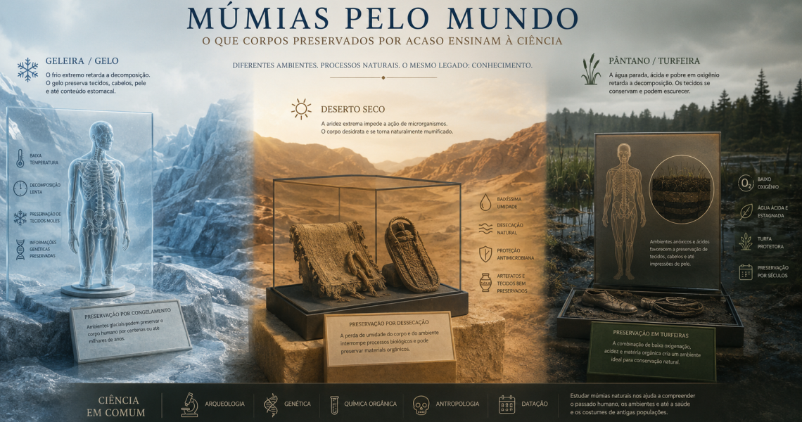 Exposição museológica sobre corpos preservados e múmias