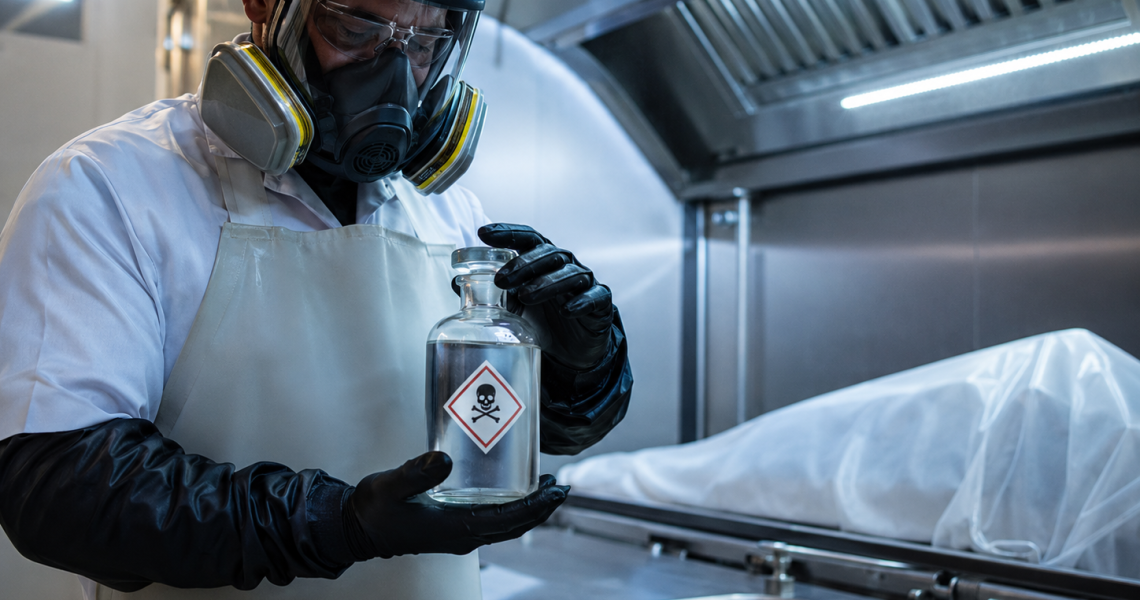 Profissional com equipamento de proteção individual em laboratório de tanatopraxia