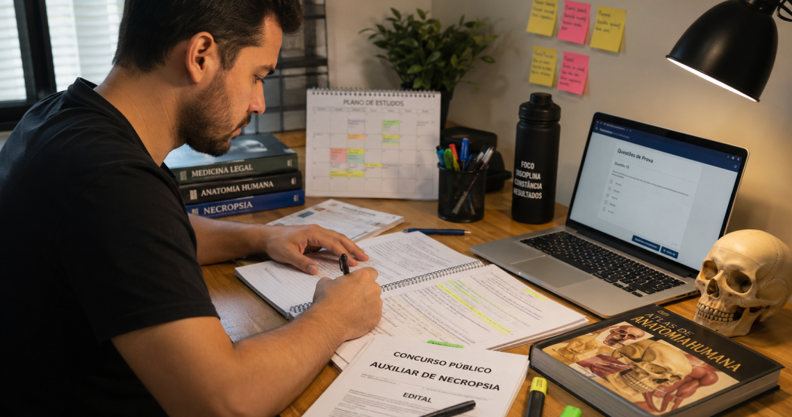 Candidato estudando para concurso público da área pericial