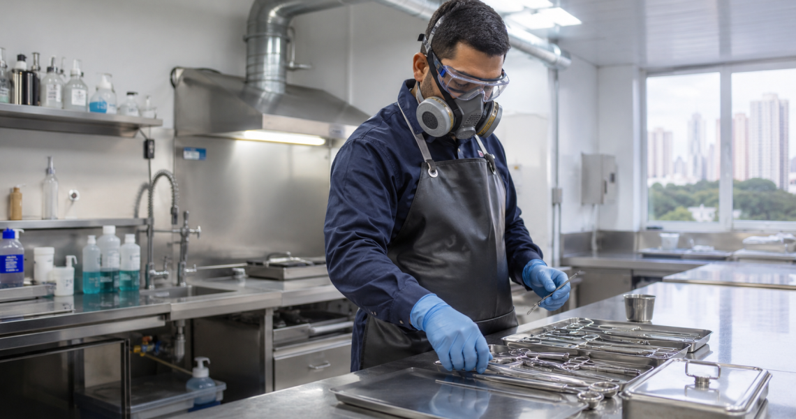 Laboratório de tanatopraxia com profissional usando equipamento de proteção