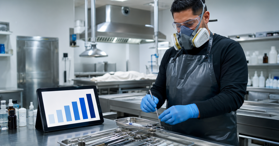 Profissional de tanatopraxia trabalhando com equipamento de proteção