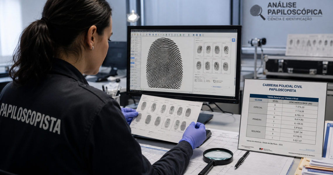 Profissional analisando impressões digitais em ambiente técnico