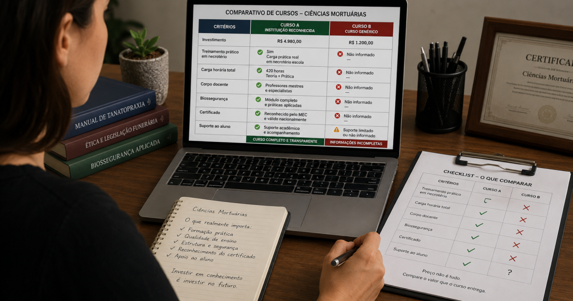 Pessoa comparando informações e valores de cursos profissionalizantes