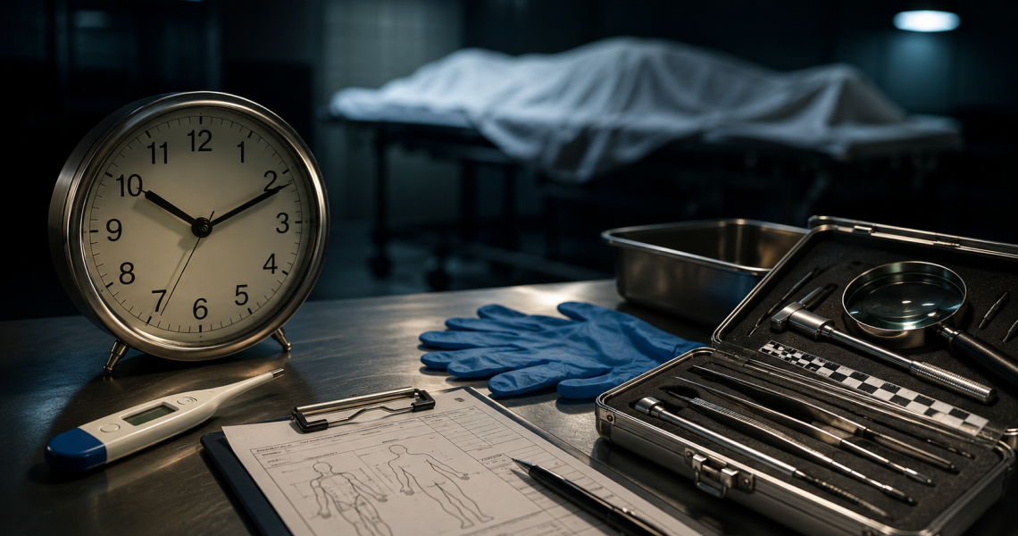 Relógio ao lado de instrumental técnico representando a estimativa do tempo de morte