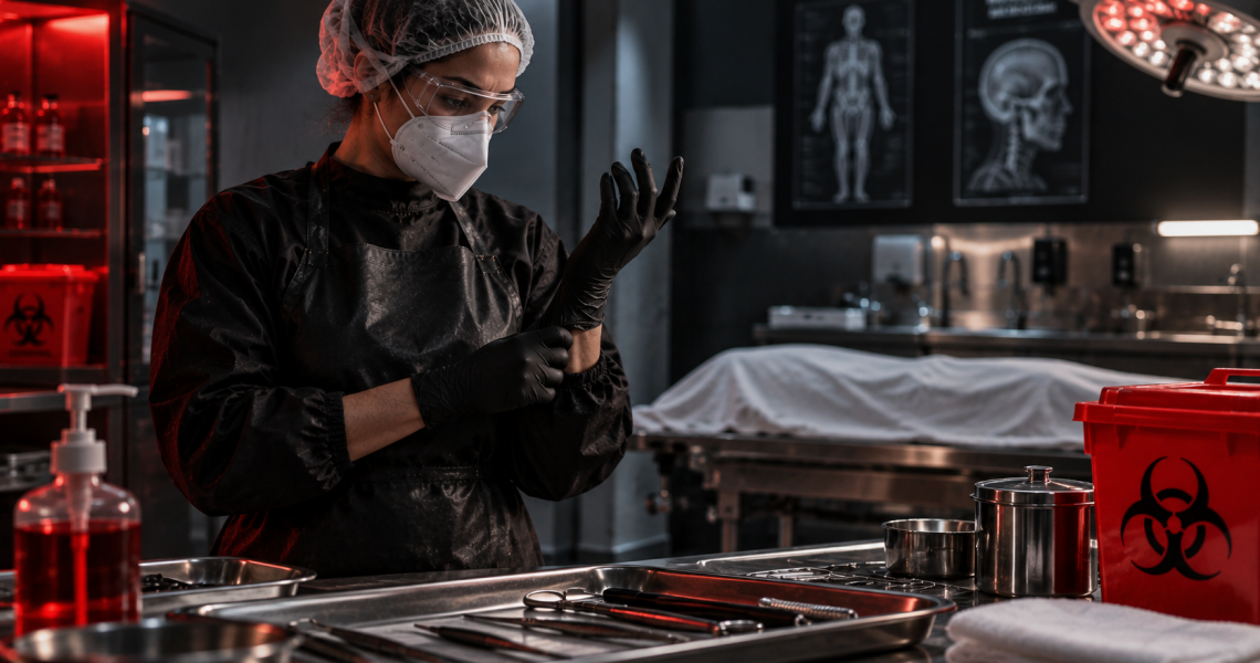 Profissional da área mortuária usando equipamento de proteção individual completo