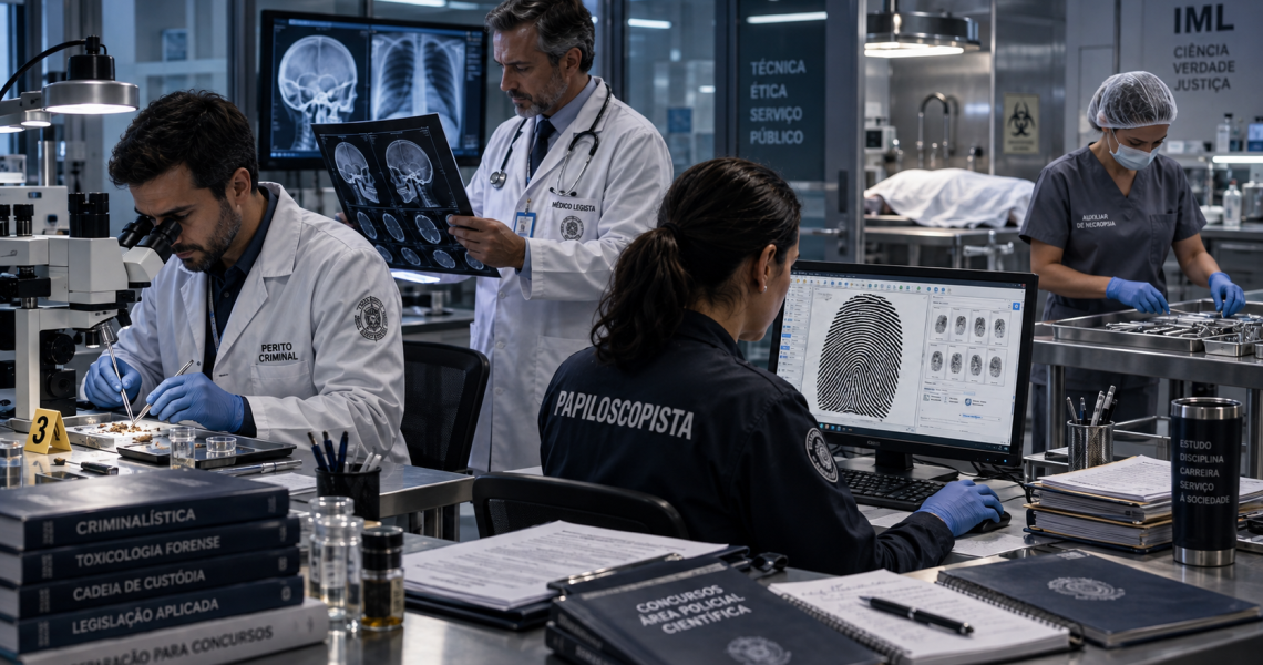 Profissionais atuando em diferentes funções de uma unidade de perícia
