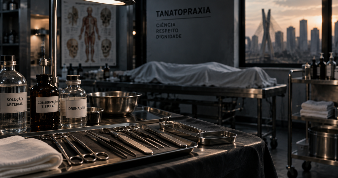 Laboratório de tanatopraxia com instrumentos organizados para a prática