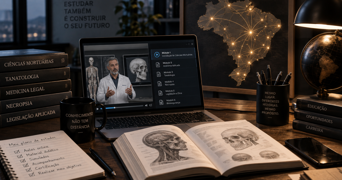 Aluno acompanhando aula ao vivo de curso de ciências mortuárias