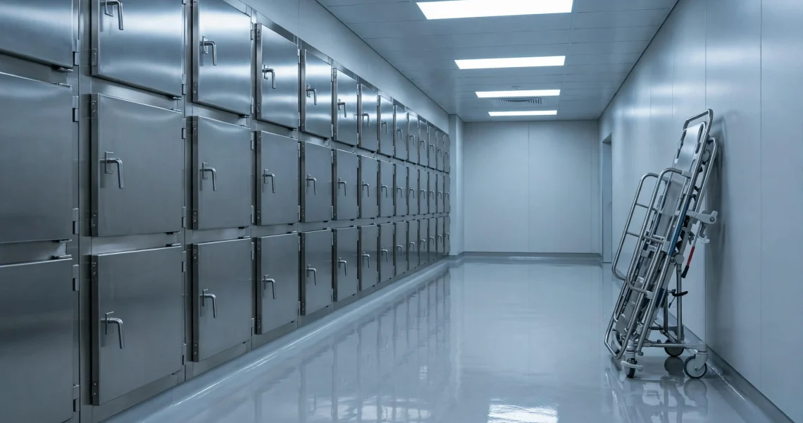 Ambiente de trabalho do atendente de necrotério com câmaras frias