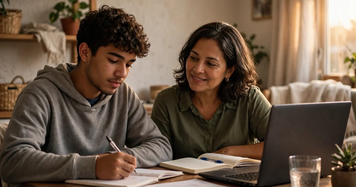 Jovem de 17 anos estudando para o curso de necropsia com apoio do responsável
