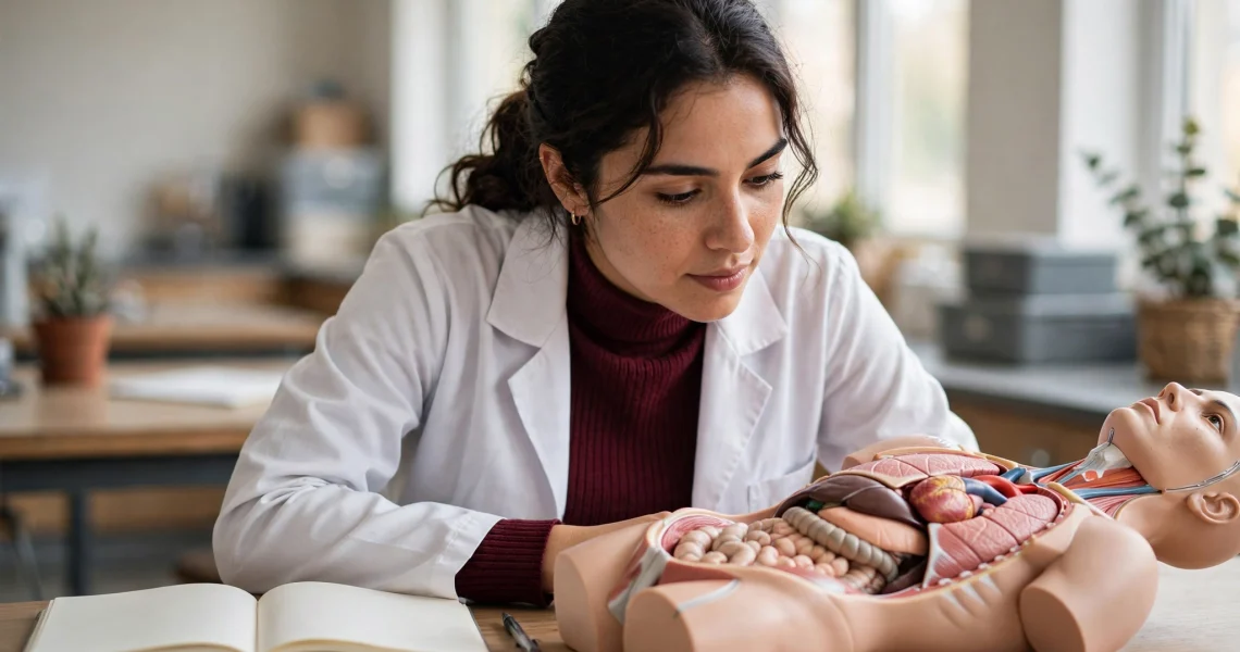 Aluna sem formação anterior em saúde estudando anatomia no curso de necropsia