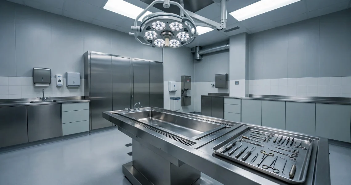 Sala de necropsia preparada para a realização do exame