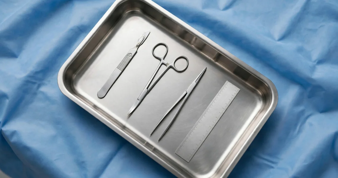Bandeja com instrumentos de necropsia organizados antes do exame